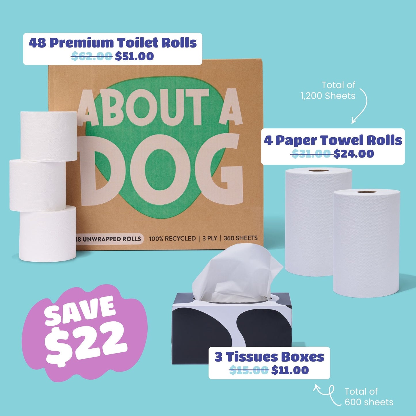 The Whole Kitten Cavoodle Bundle - 48 Toilet Rolls + 4 Paper Towel Rolls + 3 Tissue Boxes