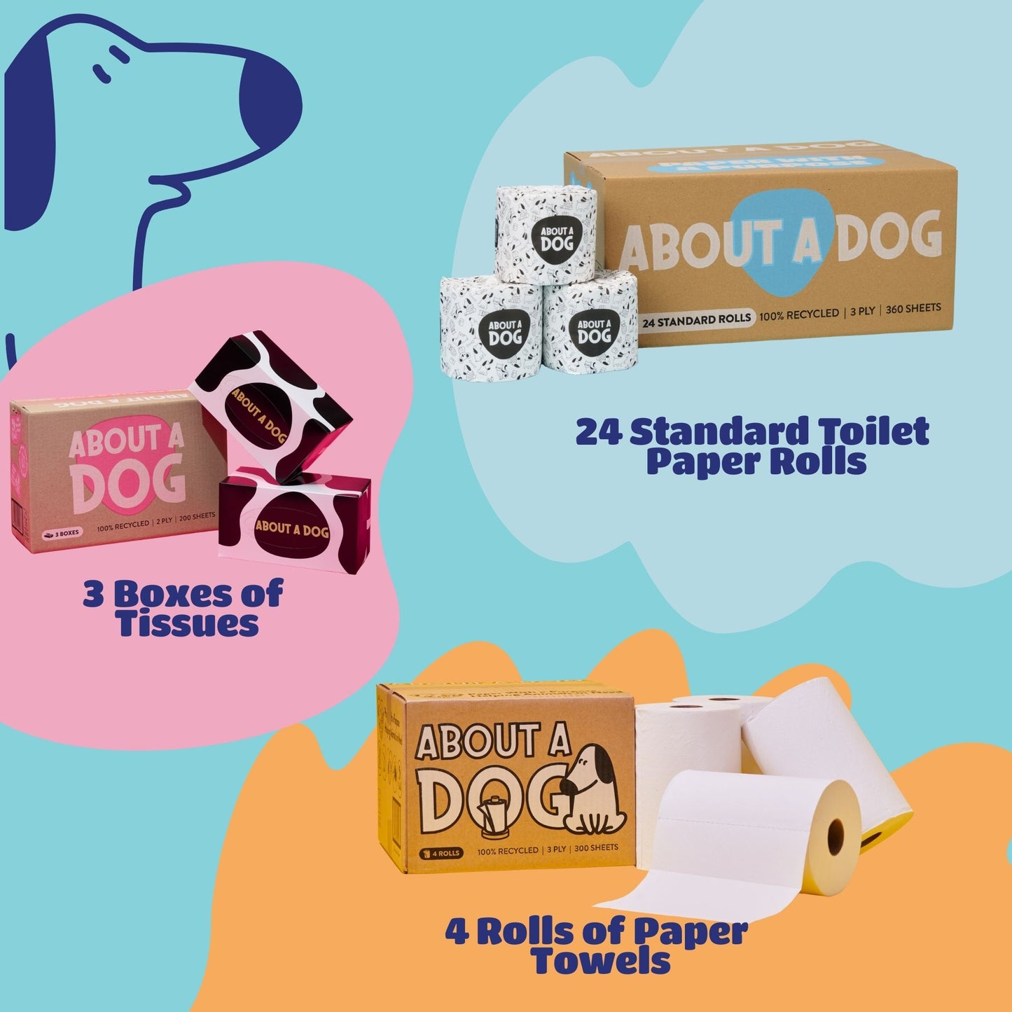 Family Bundle - 24 Toilet Roll Box + 4 Double Length Paper Towel Rolls + 3 Tissue Boxes