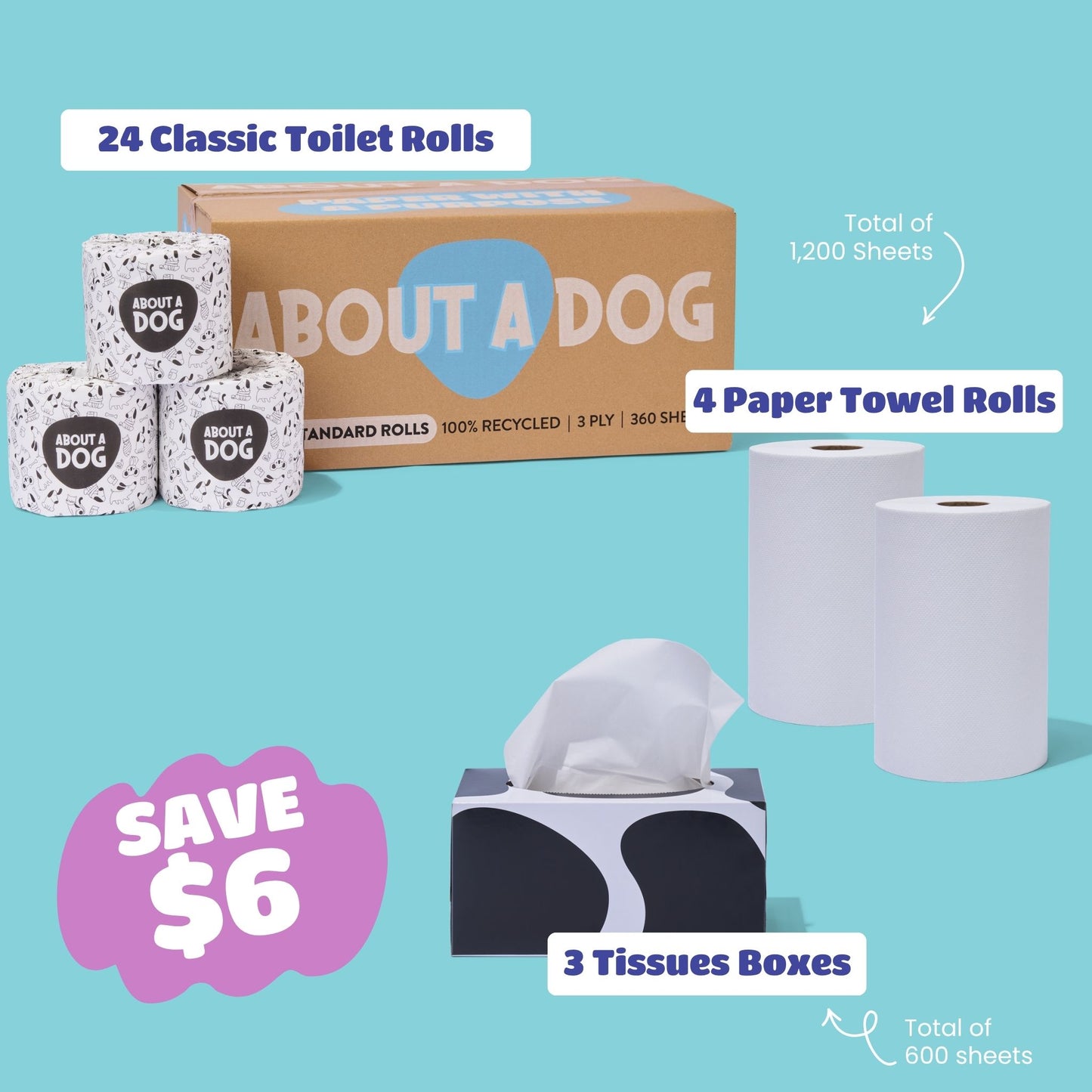 Family Bundle - 24 Toilet Roll Box + 4 Double Length Paper Towel Rolls + 3 Tissue Boxes