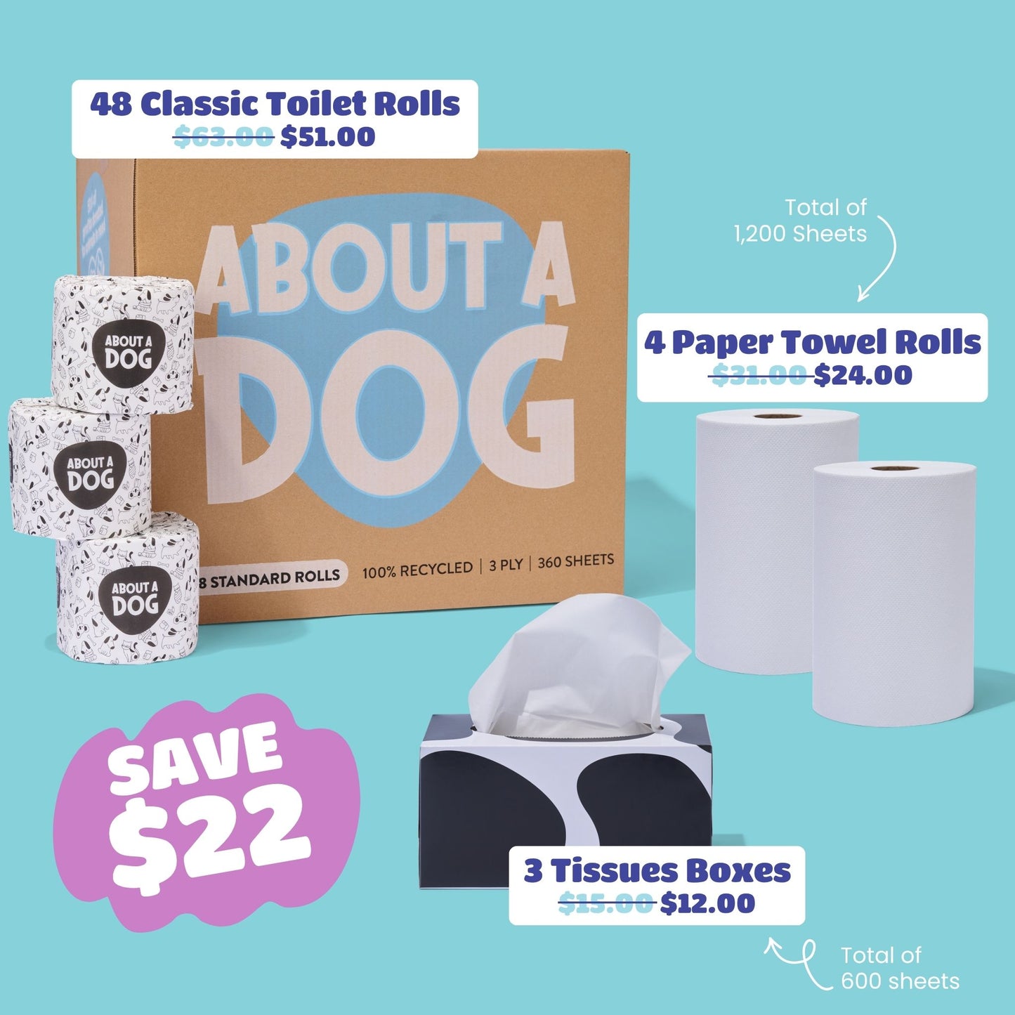 The Whole Kitten Cavoodle Bundle  - 48 Toilet Rolls + 4 Paper Towel Rolls + 3 Tissue Boxes