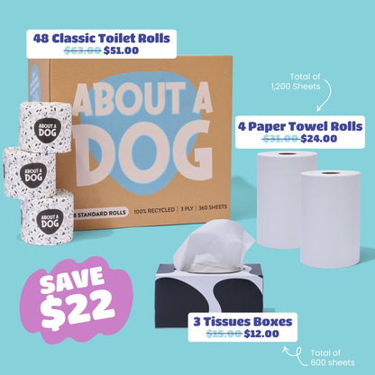 The Whole Kitten Cavoodle Bundle  - 48 Toilet Rolls + 4 Paper Towel Rolls + 3 Tissue Boxes