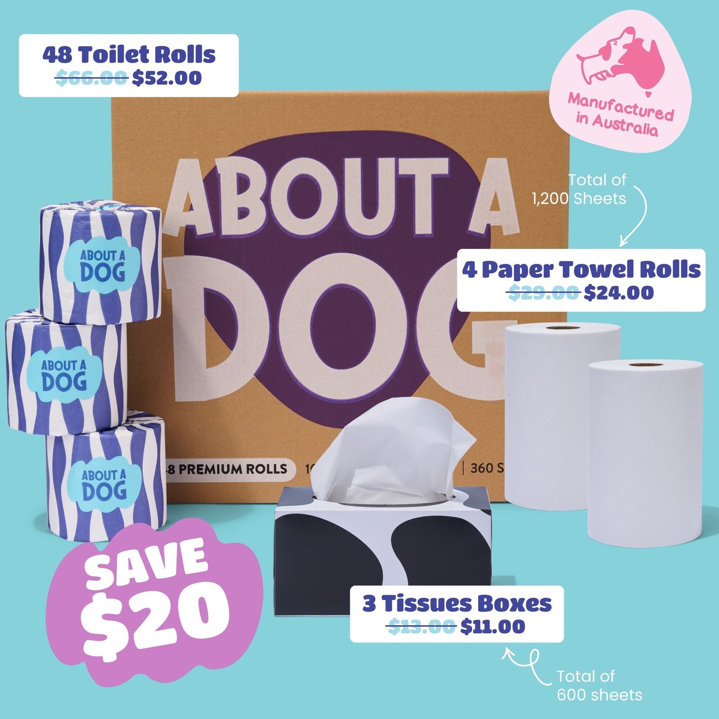 The Whole Kitten Cavoodle Bundle  - 48 Toilet Rolls + 4 Paper Towel Rolls + 3 Tissue Boxes