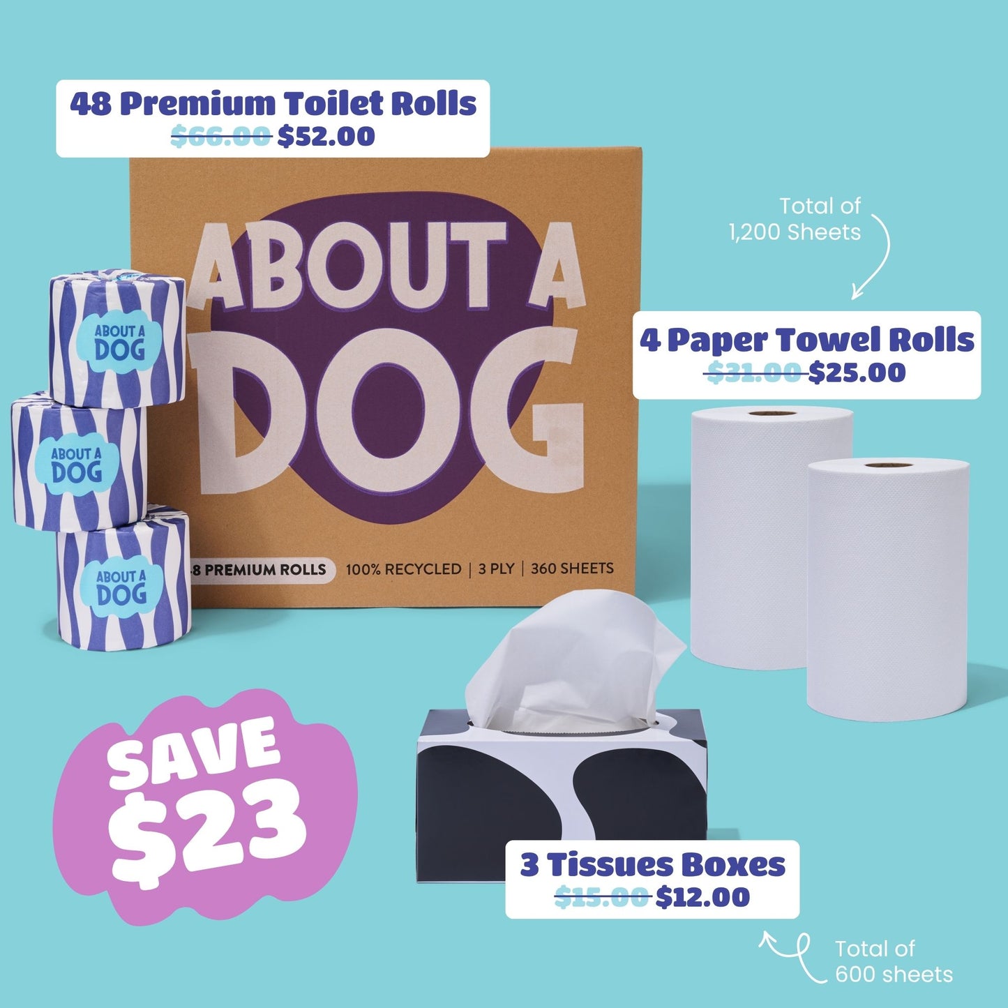 The Whole Kitten Cavoodle Bundle  - 48 Toilet Rolls + 4 Paper Towel Rolls + 3 Tissue Boxes