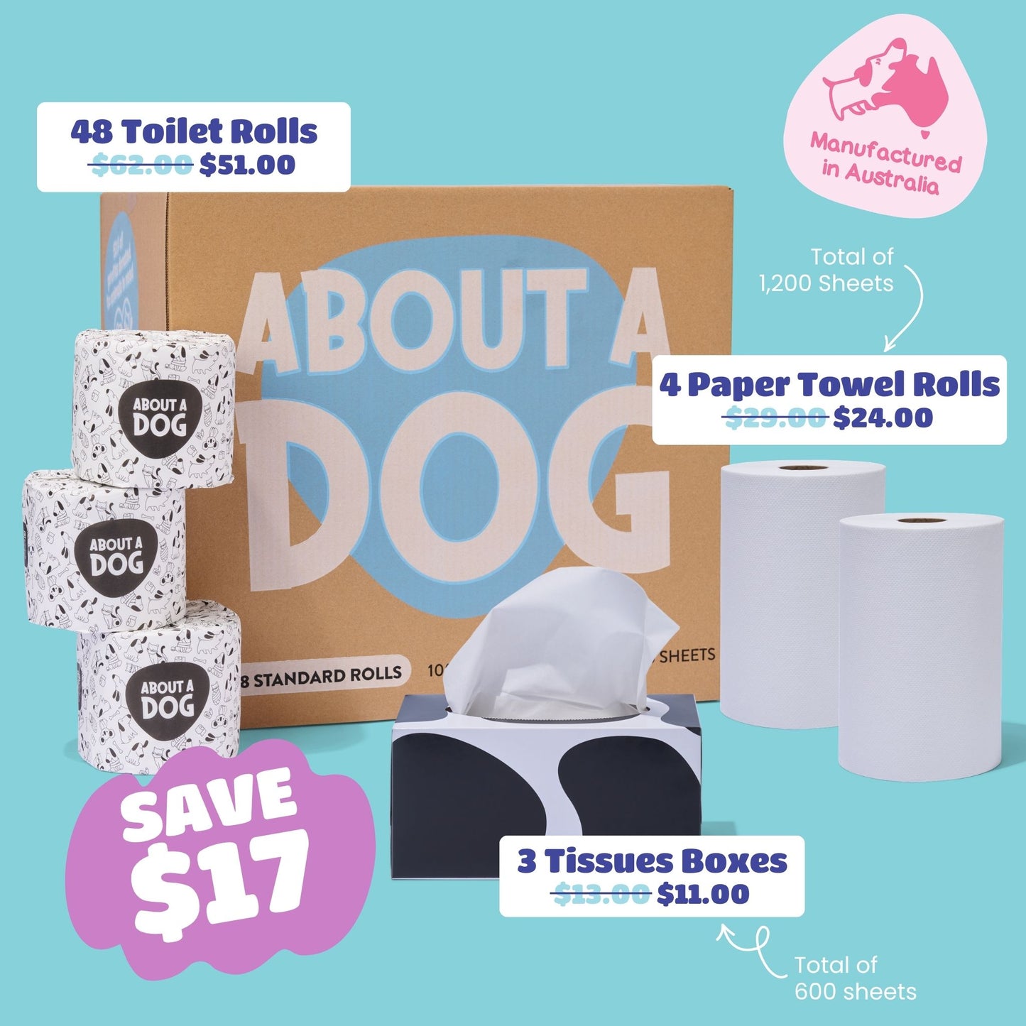 The Whole Kitten Cavoodle Bundle  - 48 Toilet Rolls + 4 Paper Towel Rolls + 3 Tissue Boxes